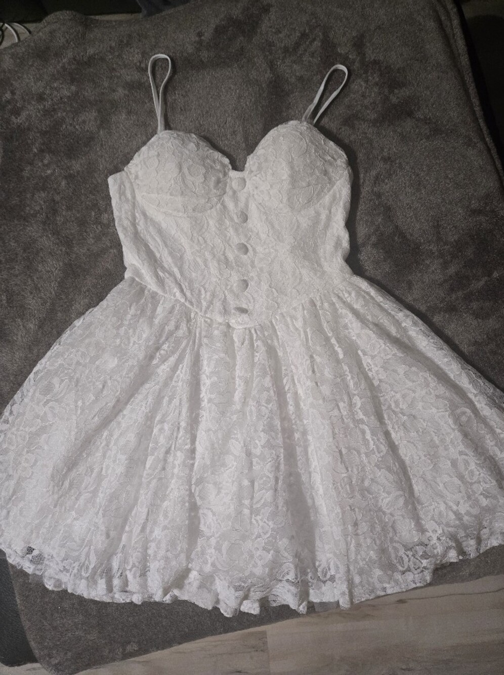 NWOT, 80's Inspired White Lace Mini Dress with Button Front